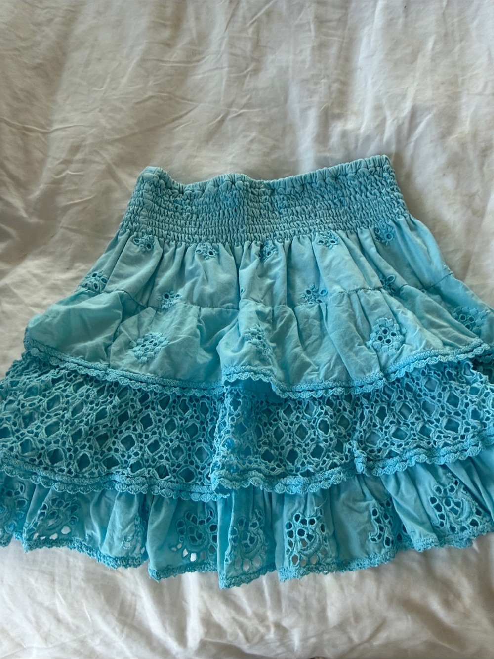 Smocked Aqua Crochet Tiered Mini Skirt